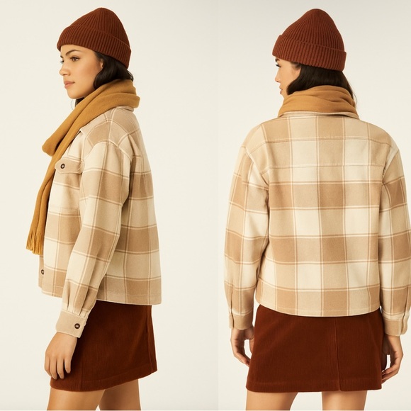 ABLE Plaid Shacket Cropped Boxy Taupe Cream Lined Button Down Women’s Medium - Picture 3 of 11